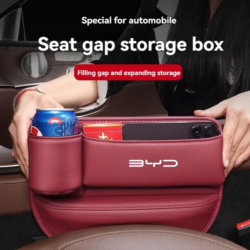 Organizzatore per spazi vuoti per seggiolino auto in pelle Scatola portaoggetti laterale per fessure Tasca portaoggetti laterale con portabicchieri per accessori auto BYD