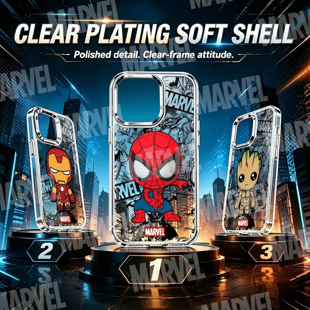 Cover per iPhone The Avengers MARVEL per iPhone 17 Air 16 15 14 13 12 11 Pro Max Plus con Bottone Cromato e Anello Fotocamera Trasparente