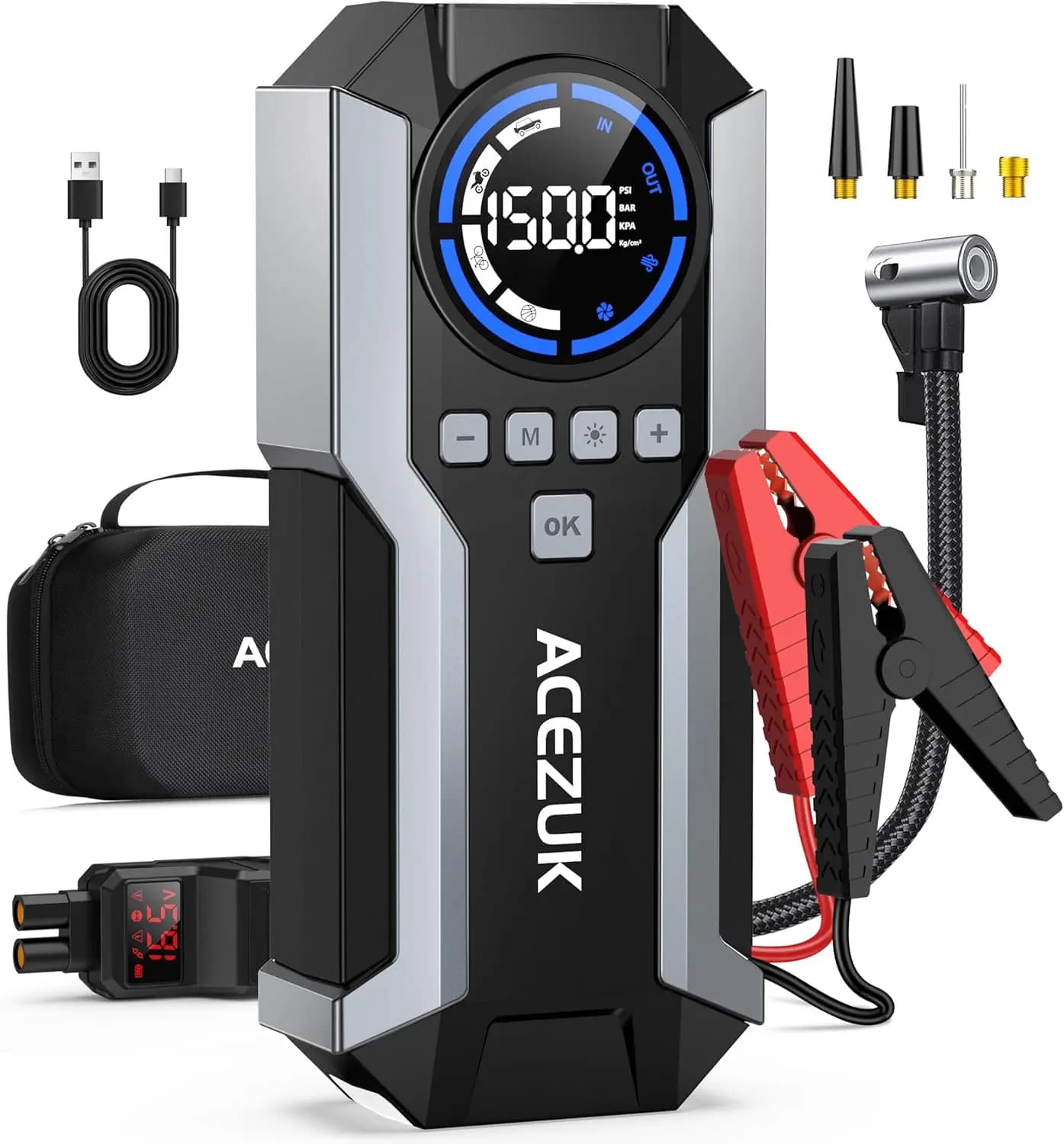 Avviatore di Emergenza per Auto 8000A con Compressore d'Aria, Gonfiaggio Pneumatici 150PSI, Display LCD e Luci LED