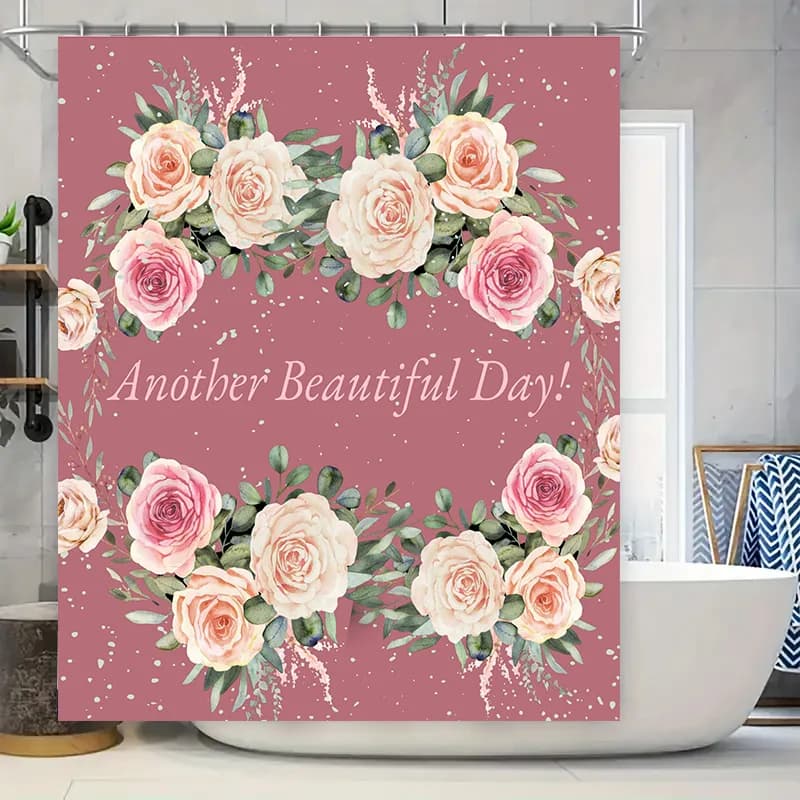 Deliziosa tenda da doccia con fiori rosa pesca, design verde per decorazioni da bagno, idea regalo perfetta