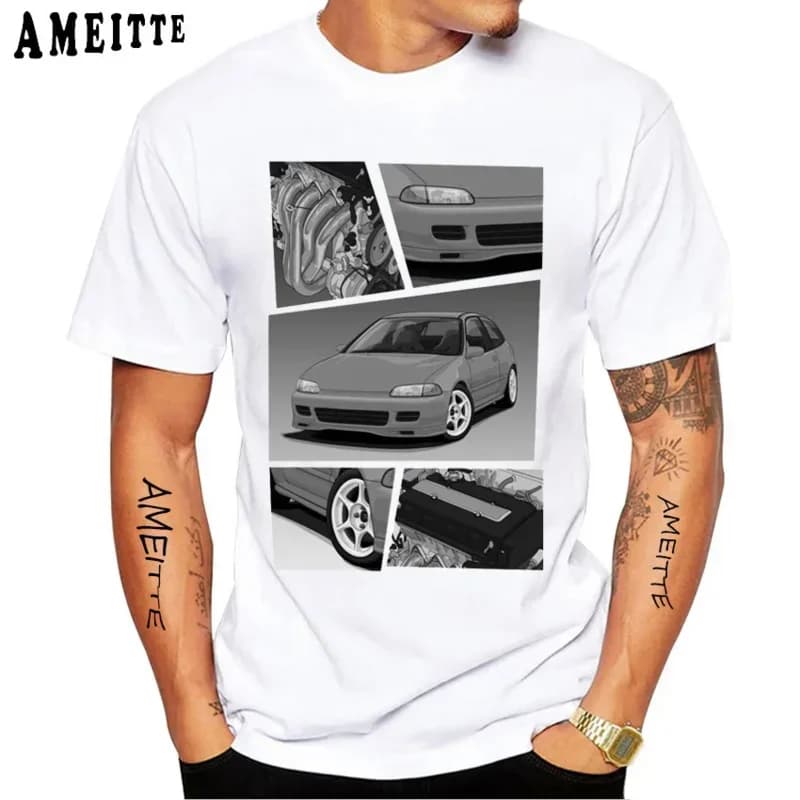 Civic eg X B16 engine classic T-shirt new summer Men short sleeve vintage car sport boy casual tops White Tees