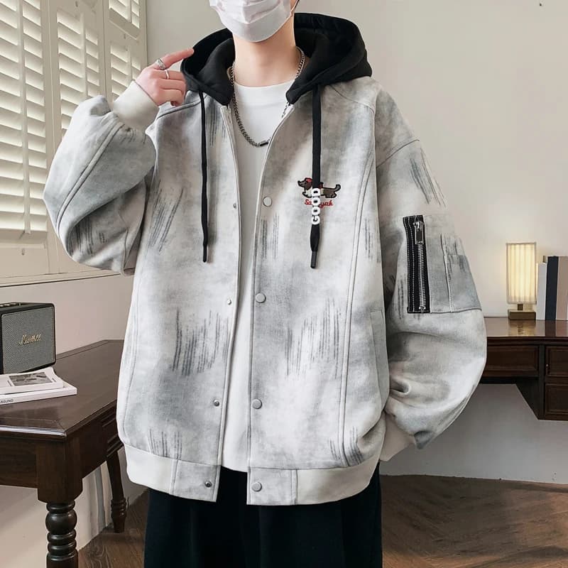 Casual Spring Jacket for Men Detachable Hat Tie Dye Youth Student Fashionable Top Polyester Fiber Long Sleeve Regular Fit