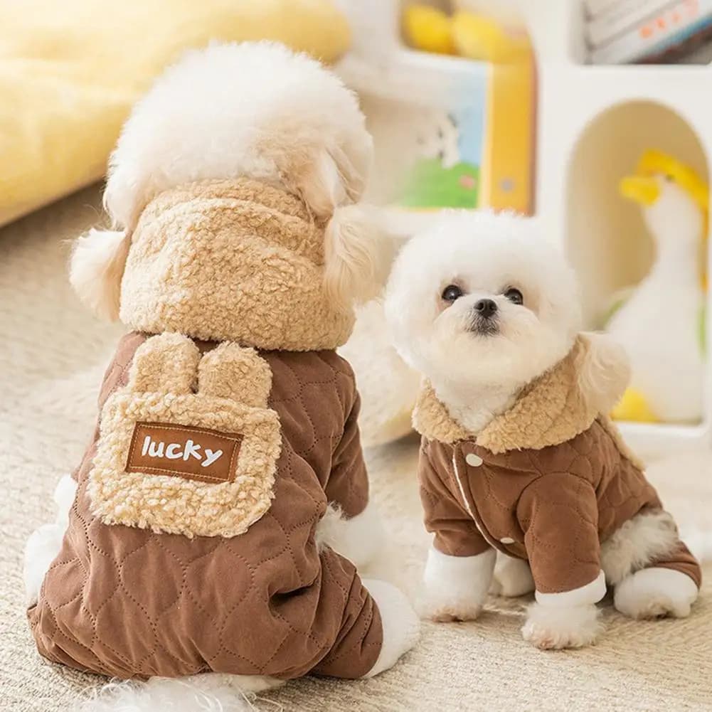 Quilted Dog Jumpsuit Cozy Pet Four-Legged Outfit Dog Hoodie with Cute Plush Ears Warm Onesie Clothes for Small Dogs Winter Wear