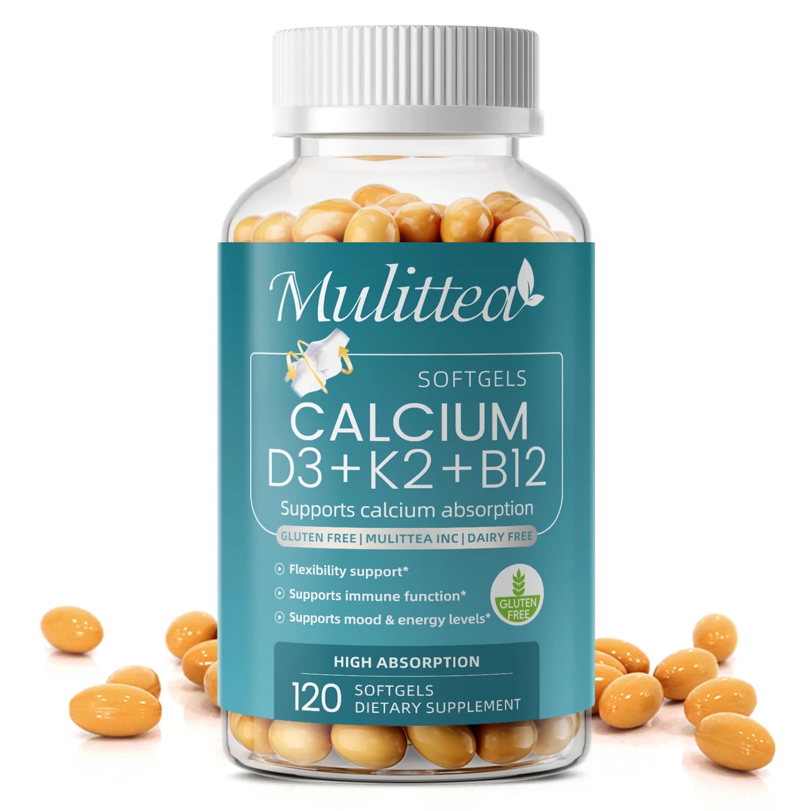 Mulittea 120PCS 600MG Calcium Supplement With Vitamin D3 & K2 for Bone & Teeth Health ,Immune Support Mood & Energy Support