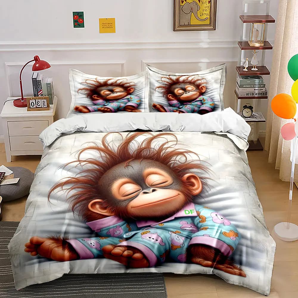 Sleeping baby monkey in cute pajamas Printed Duvet Cover Set1 Duvet Cover+2 PillowcaseMulti Size Bedroom Bedding Decoration