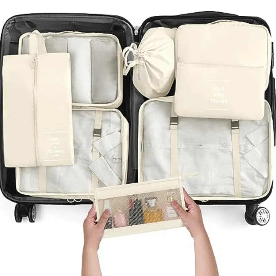 8 Set Packing Cubes for Travel, Luggage Packing Organizers Accessories Large Toiletries Bag for Clothes Shoes Cosmetics Beige