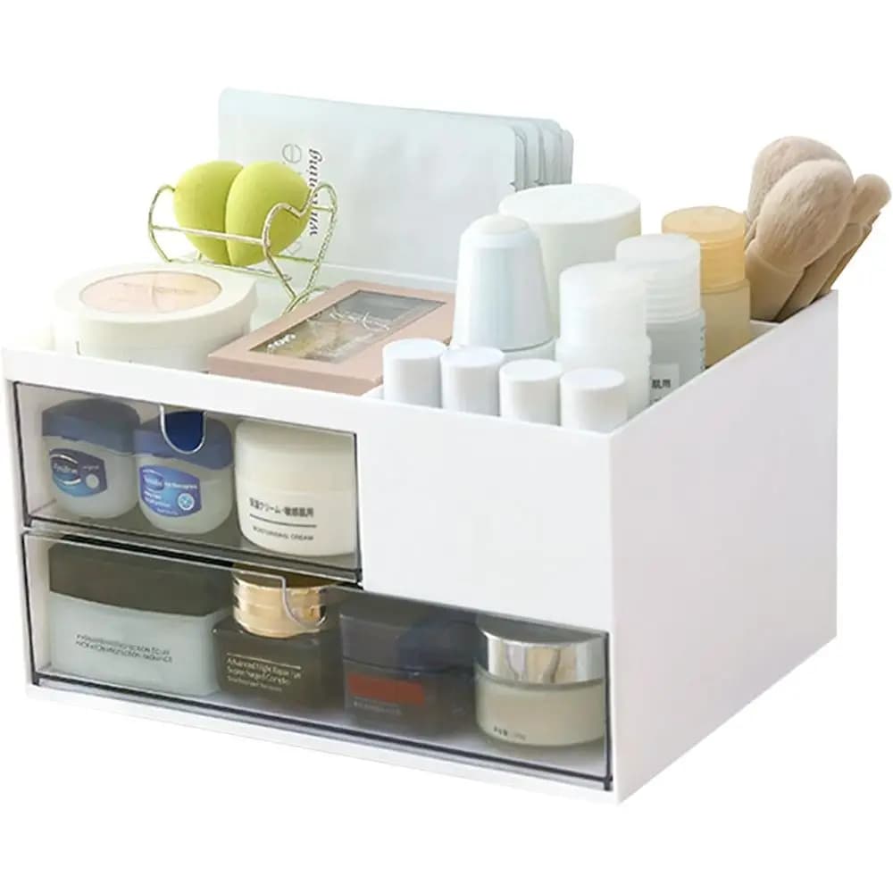 Organizer per trucchi a 2 cassetti, scrivania e contenitore per cosmetici, scatola a 4 sezioni per Beauty Essentials in bianco