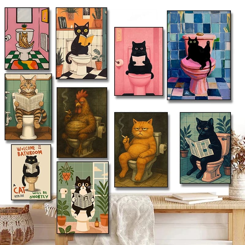 Divertente Gatto Nero che Legge sul WC, Pollo che Fuma, Poster con Pittura Diamantata, Stampa Artistica da Parete per Decorazione Bagno, Quadri