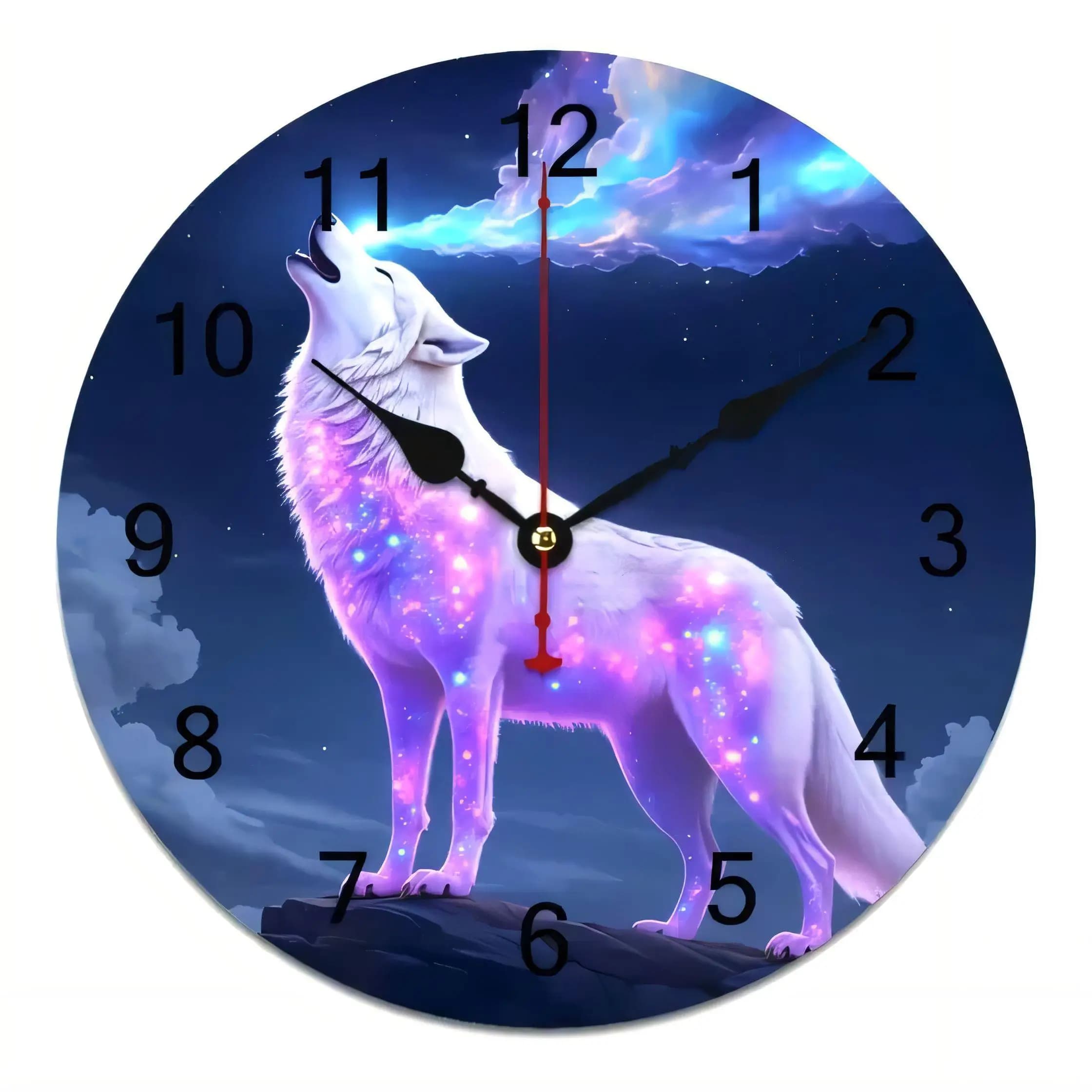 Mystical White Wolf Howling at Moon Cosmic Wall Clock Decorative Art Home Office Living Room Silent Non Ticking Battery Operate