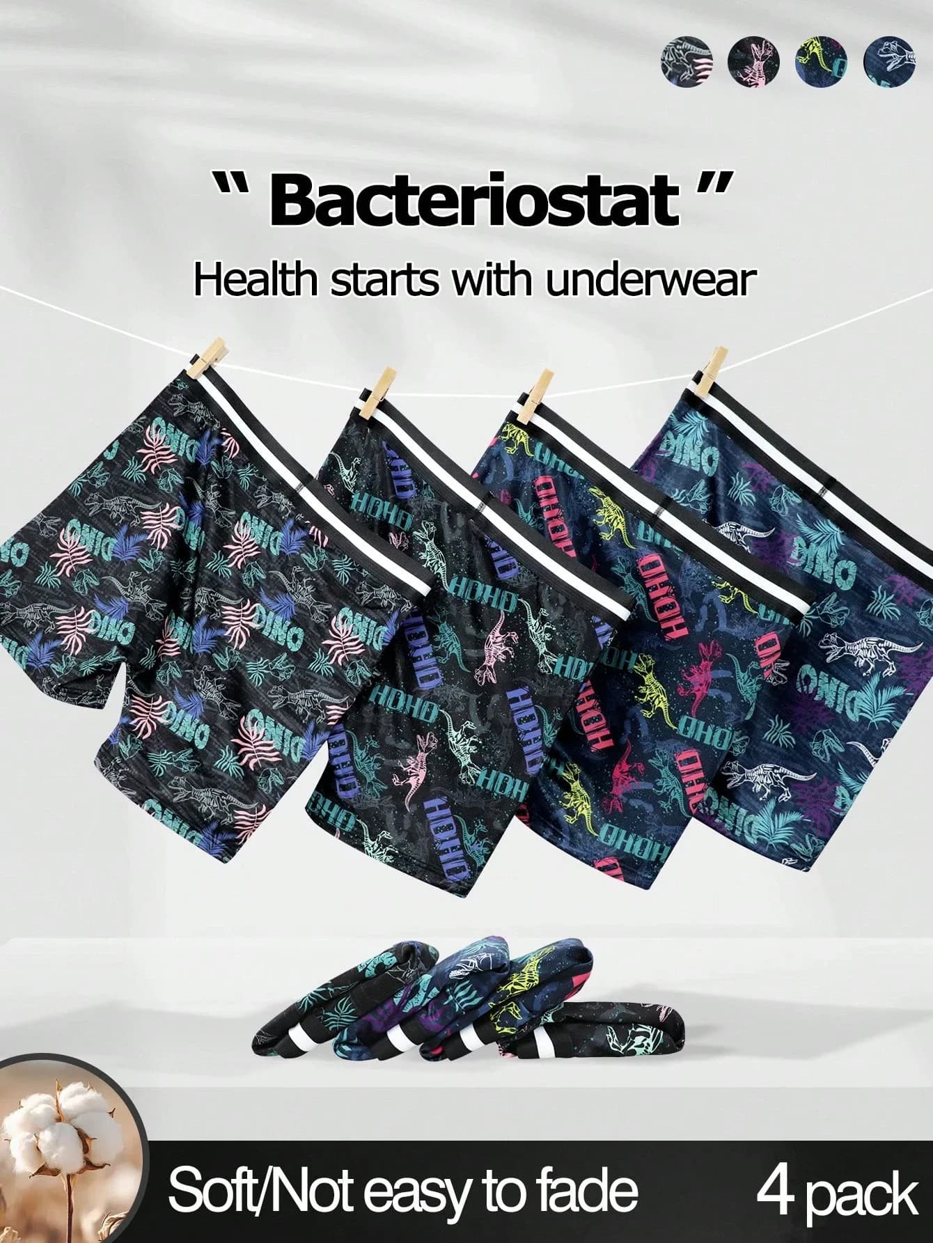 4pcs Mens Dinosaur Print Boxer Shorts Soft Elastic Waistband Underwear