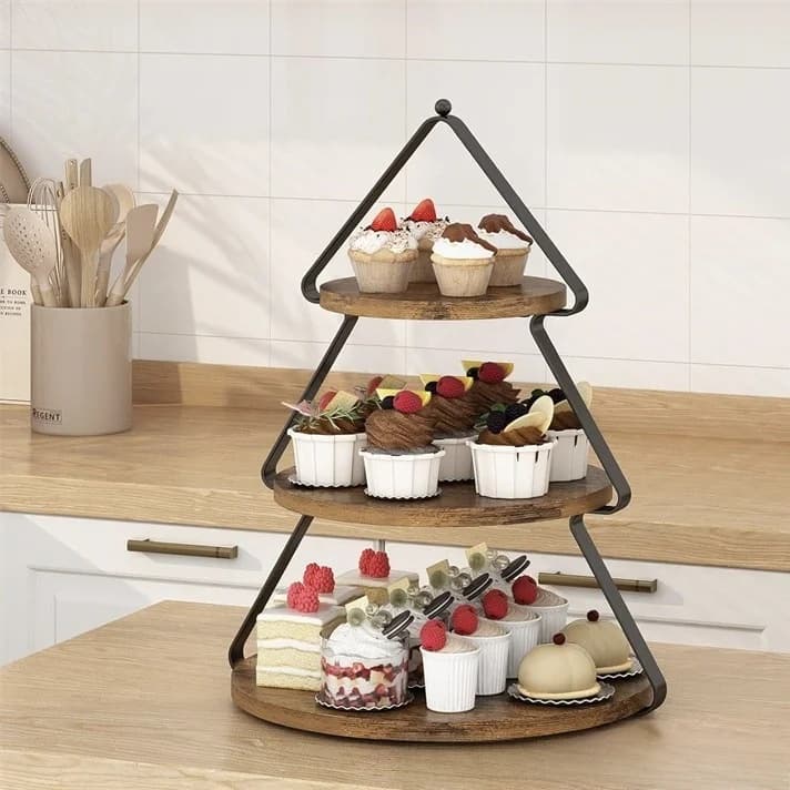 Supporto per torte a tre livelli in legno a tema natalizio, vassoio portatile per dessert e cupcake, ideale per pranzi e tavole