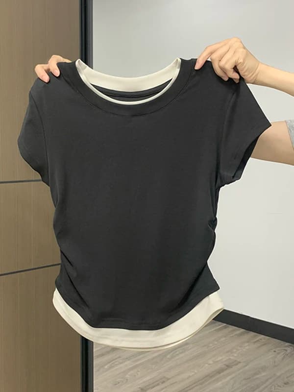 Slim Fit Pure Cotton Short Sleeve T-Shirt Women's Fashion Summer New Style Waist Cinched Short Body Shirt Korean Style Commute
