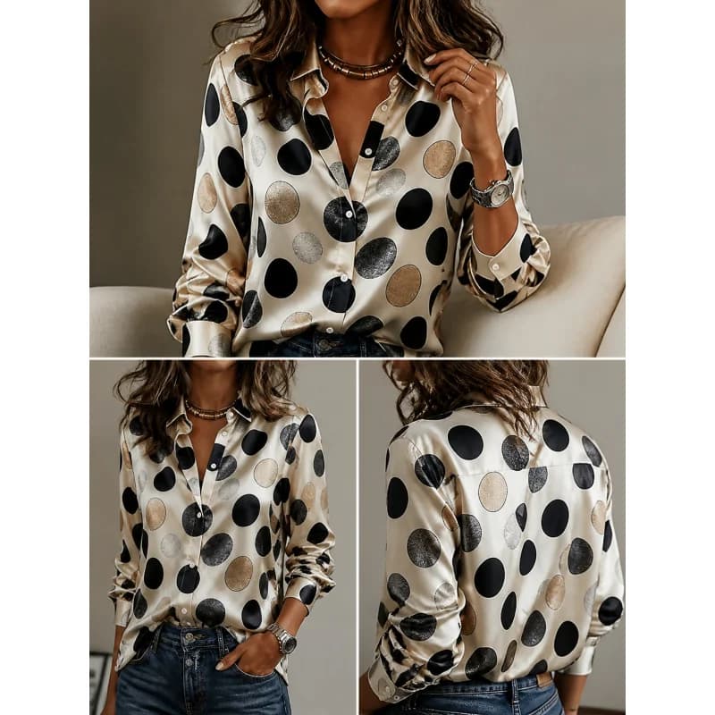 20256Women's Elegant Irregular Polka Dot Digital Print Silky Satin Shirt，Collared long-sleeve single-breasted shirt