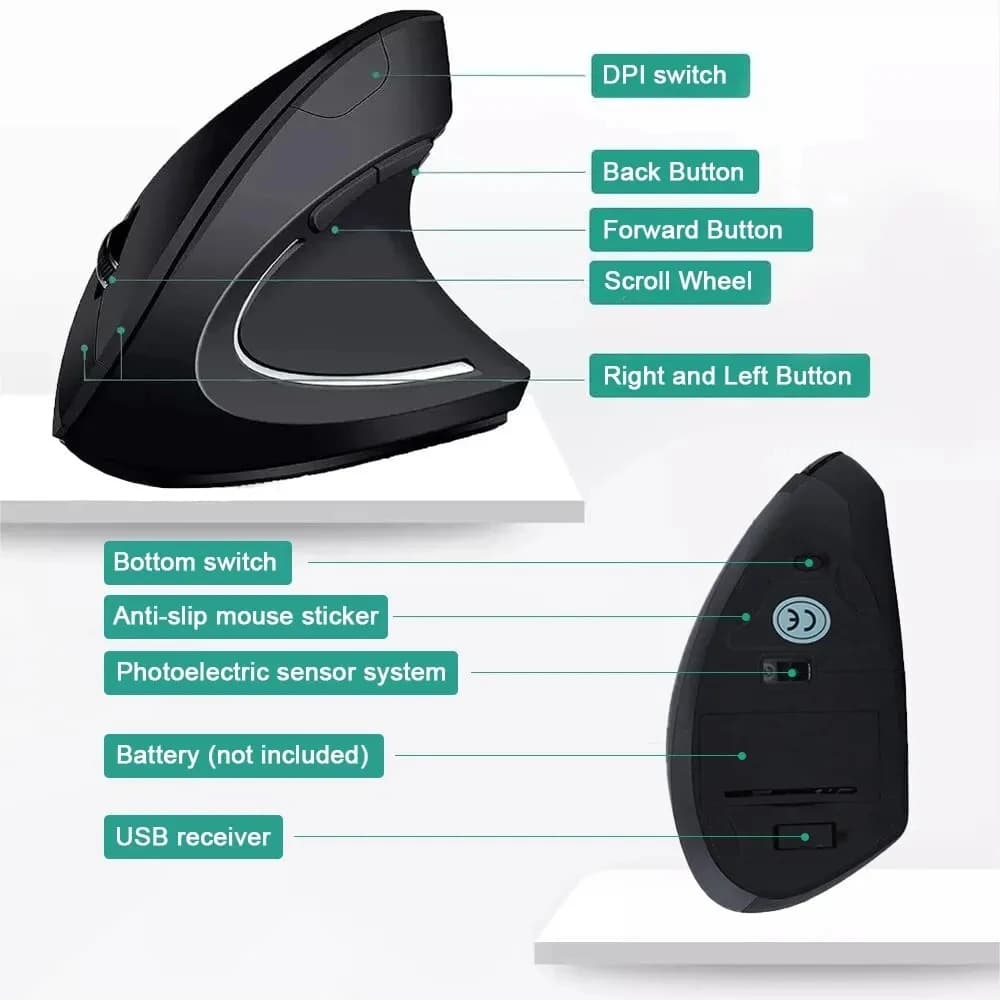 HOMEFISH Ergonomic Vertical Mouse 2,4 GHz wireless optical mouse 3 DPI adjustable 800/1200/1600 6 computer buttons