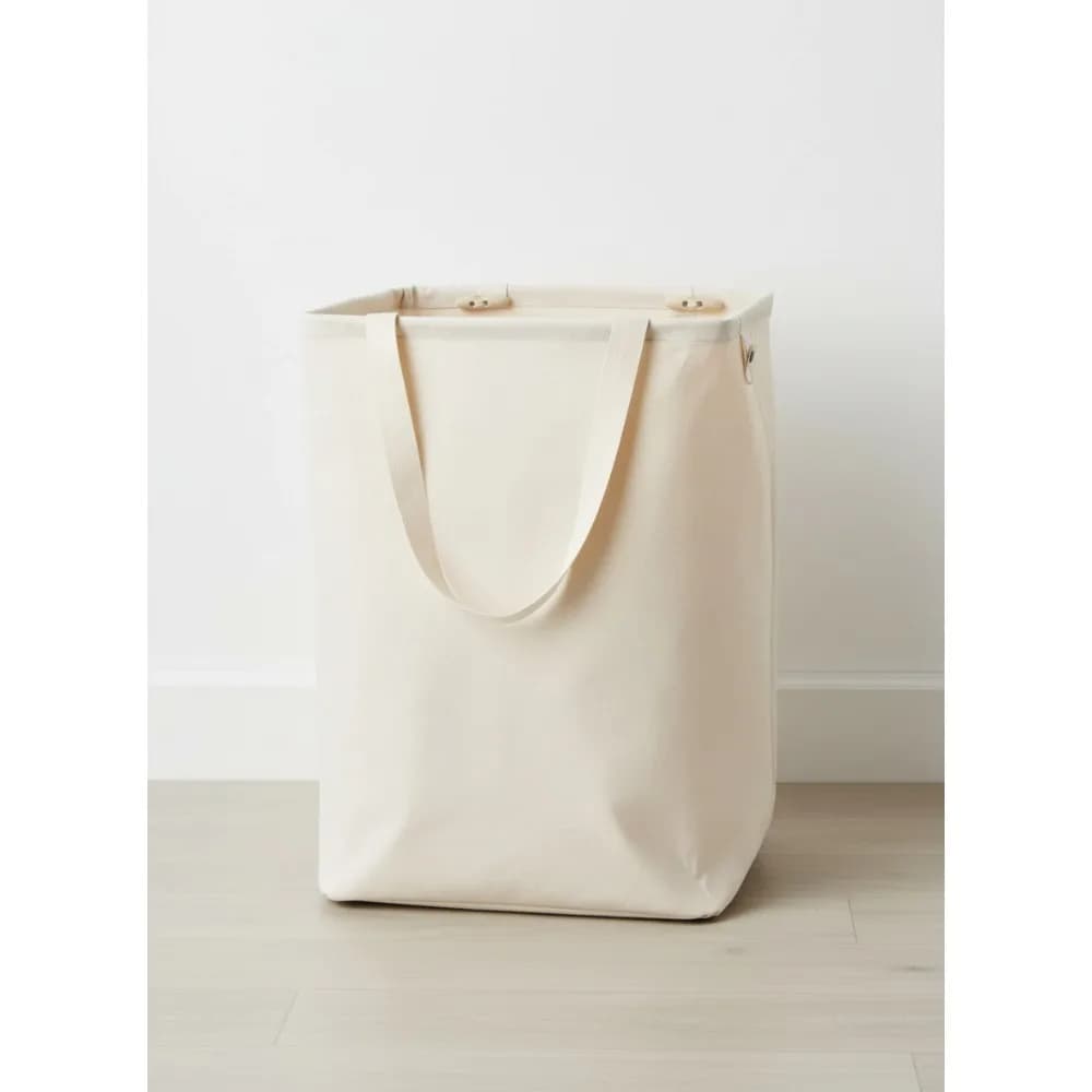 Folding whiteboard basket - Organic cotton high bag with long handles for bathroom, bedroom, children's room