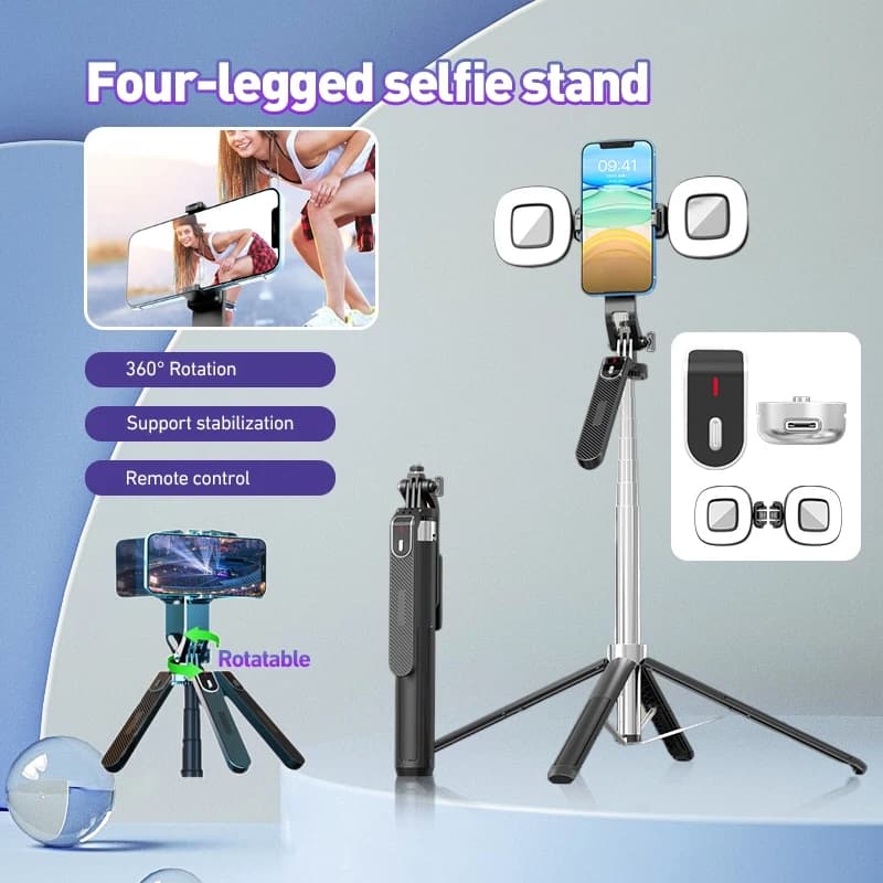 Treppiede per selfie stick da 1,8 m con telecomando wireless e base a quattro gambe Supporto con rotazione a 360 gradi in lega di alluminio per iPhone, Android, GoPro