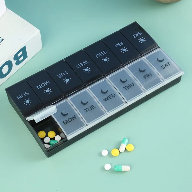 Weekly pills 2 times 1 day Portable travel box 7 days Organizer 14 grids Container for pills Storage tablets Vitamins Fish oils