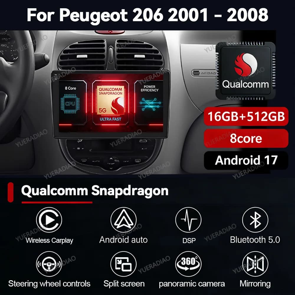 Autoradio Android 17 per Peugeot 206 206CC 206SW 2001-2008 GPS NAVI 4G LTE 5G WIFI Multimedia Stereo Video Player Qualcomm BT