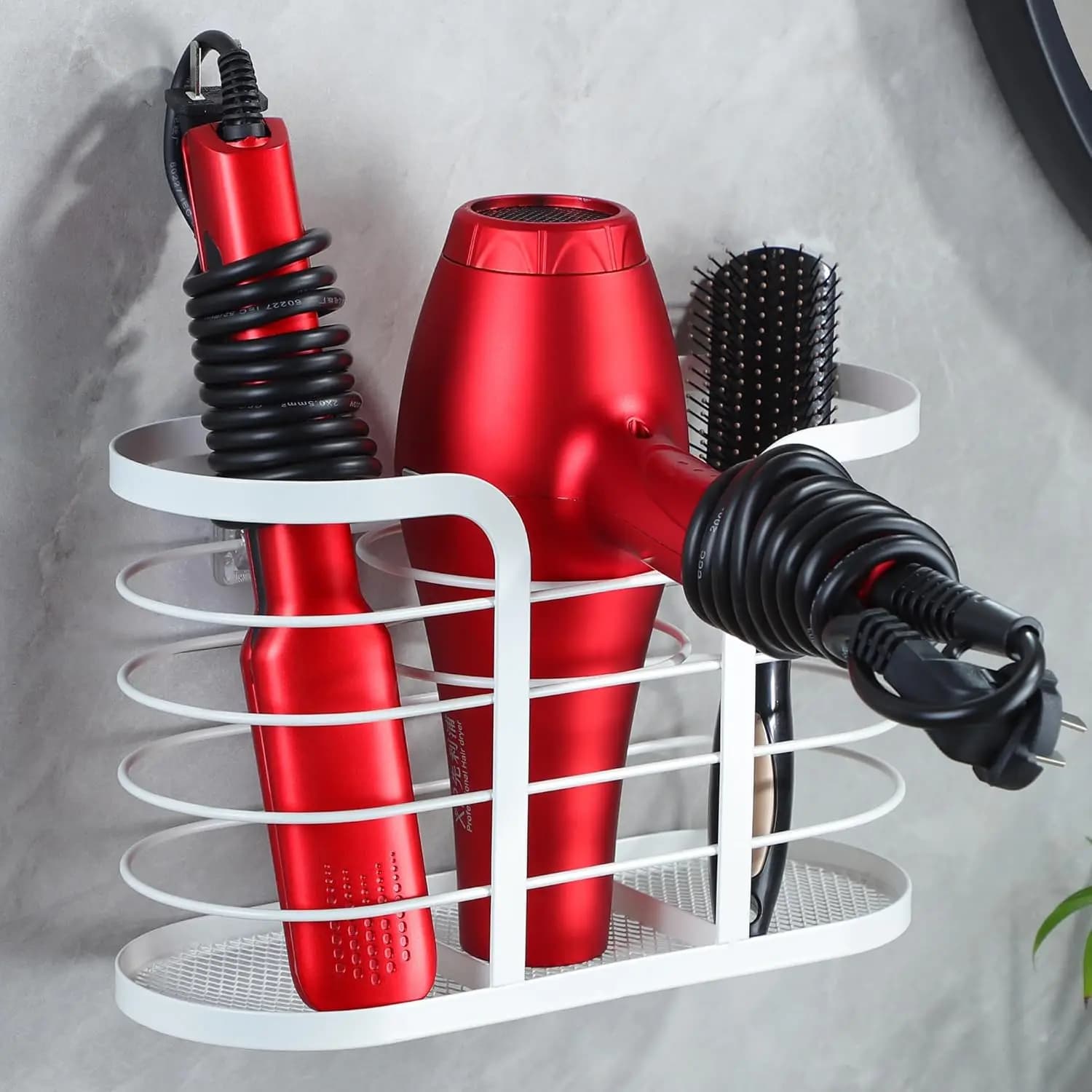 Supporto per Asciugacapelli Bianco - Organizzatore da Parete per Asciugacapelli, Ferro Arricciacapelli e Altro, 3 Scomparti, Resistente al Calore