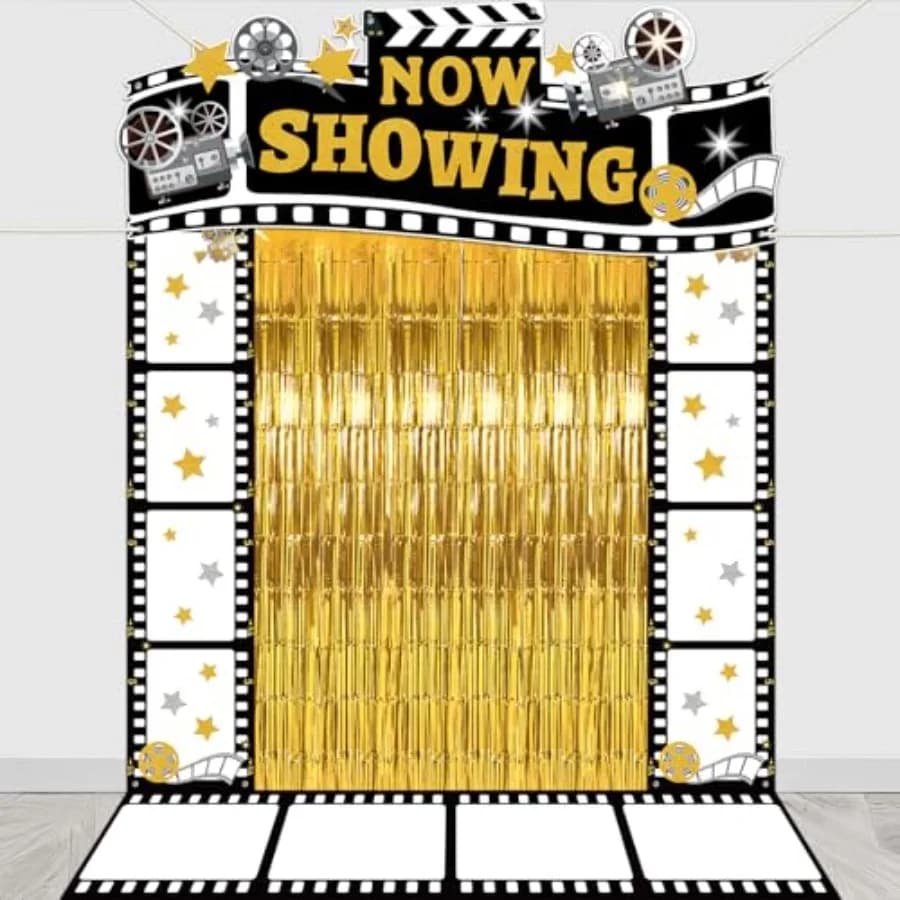 Movie Night Party Decorations Now Showing Camera Action Door Cover Banner Aisle Runner with Tinsel Fringe Backdrop Curtains Mov