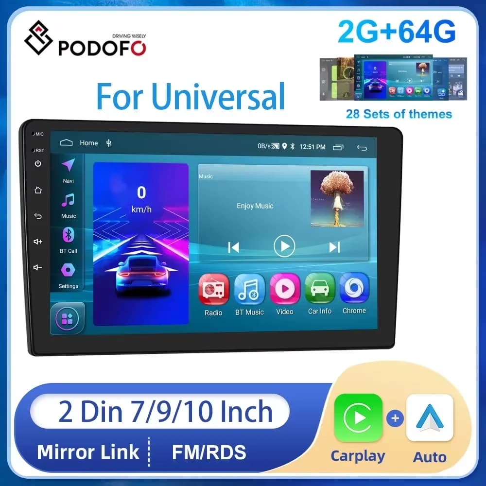 Podofo 2din Android 2 + 64G autoradio 7 9 10 ''autoradio stereo GPS WIFI Bluetooth CarPlay per universale Toyota VW Nissan Honda