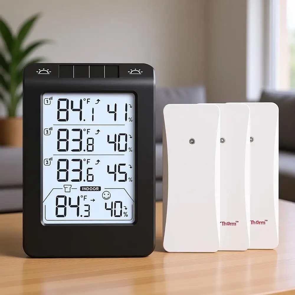 3-channel Wireless Thermometer and Hygrometer with Light Sensor, 100m Range, 4.8 Inch Display, Intelligent Retro Illumination, Real Time Alerts