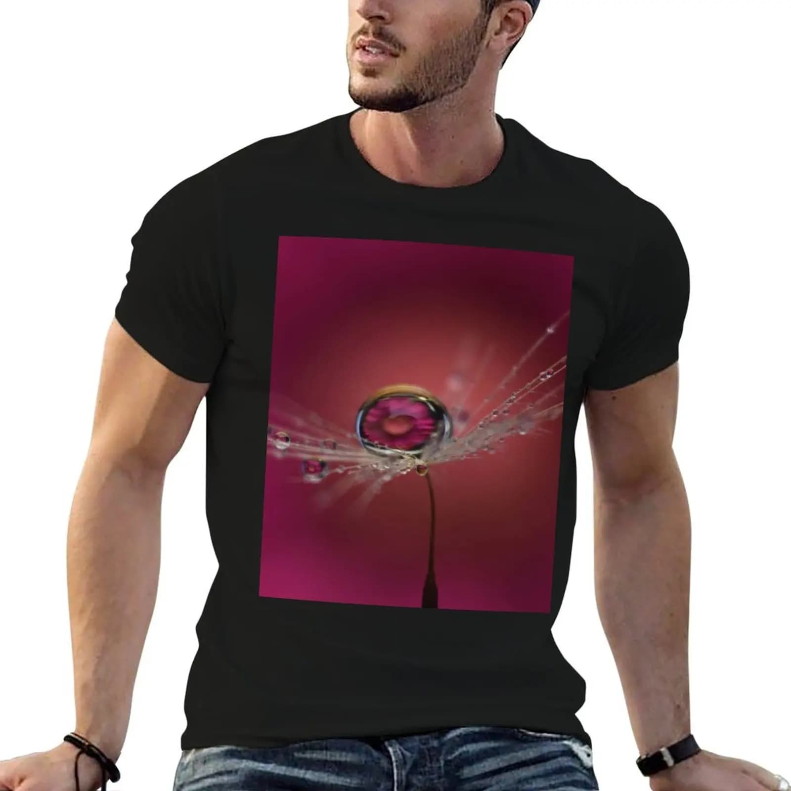 T-shirt con stampa semi di tarassaco e fiore di margherita, t-shirt in cotone 100%, t-shirt da uomo semplice