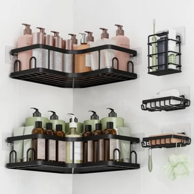 1Pcs/3Pcs/5Pcs Corner Shower Storage Rack | Wall-Mounted Bathroom Shelf, Black Shower Storage Rack, No-Drill Large Capacity Storage Rack for Kitchen and Bathroom.