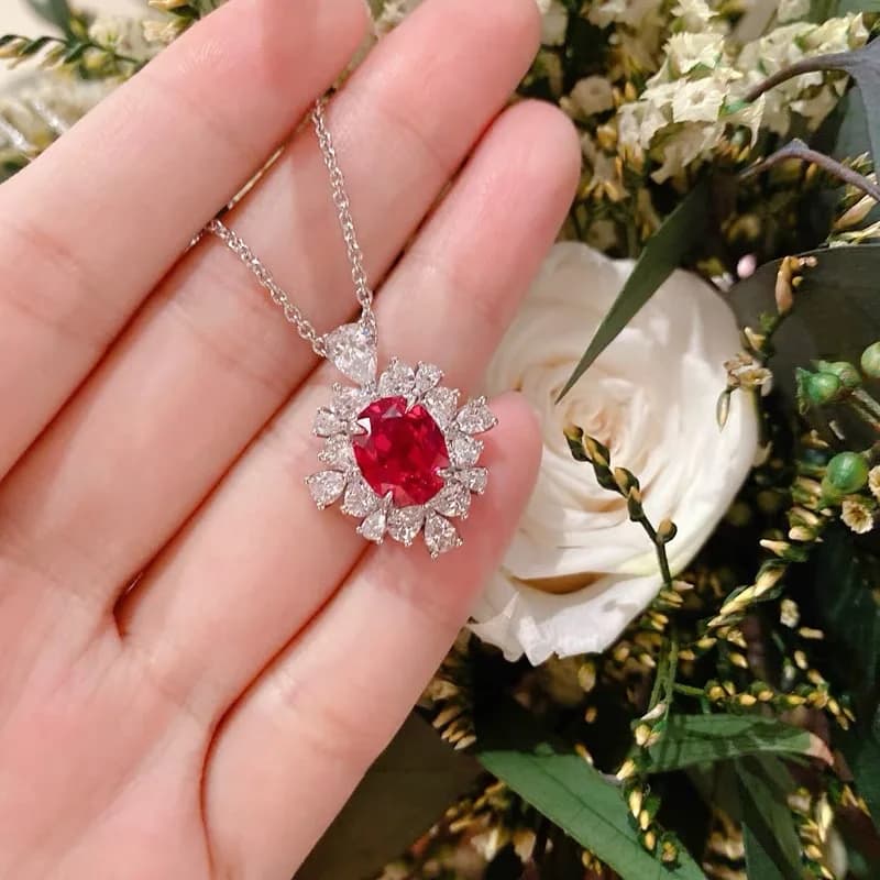 Collana in argento 925 con rubini scintillanti intarsiati con diamanti, gioielli da sposa con catena di collare rosso di fascia alta, moda lussuosa da donna