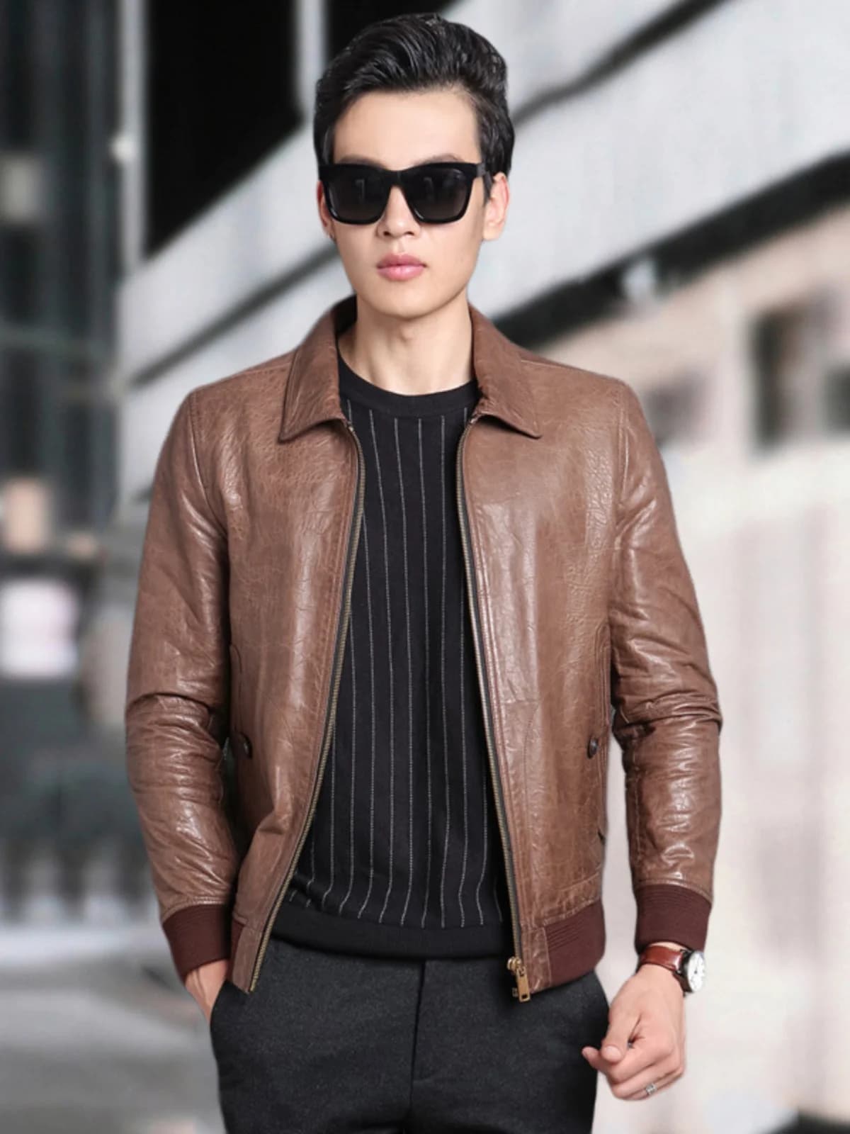New Unworn Leather Jacket within 115 Pounds Straight Cut Business Casual Style Spring 2025 Regular Length Coat for Men