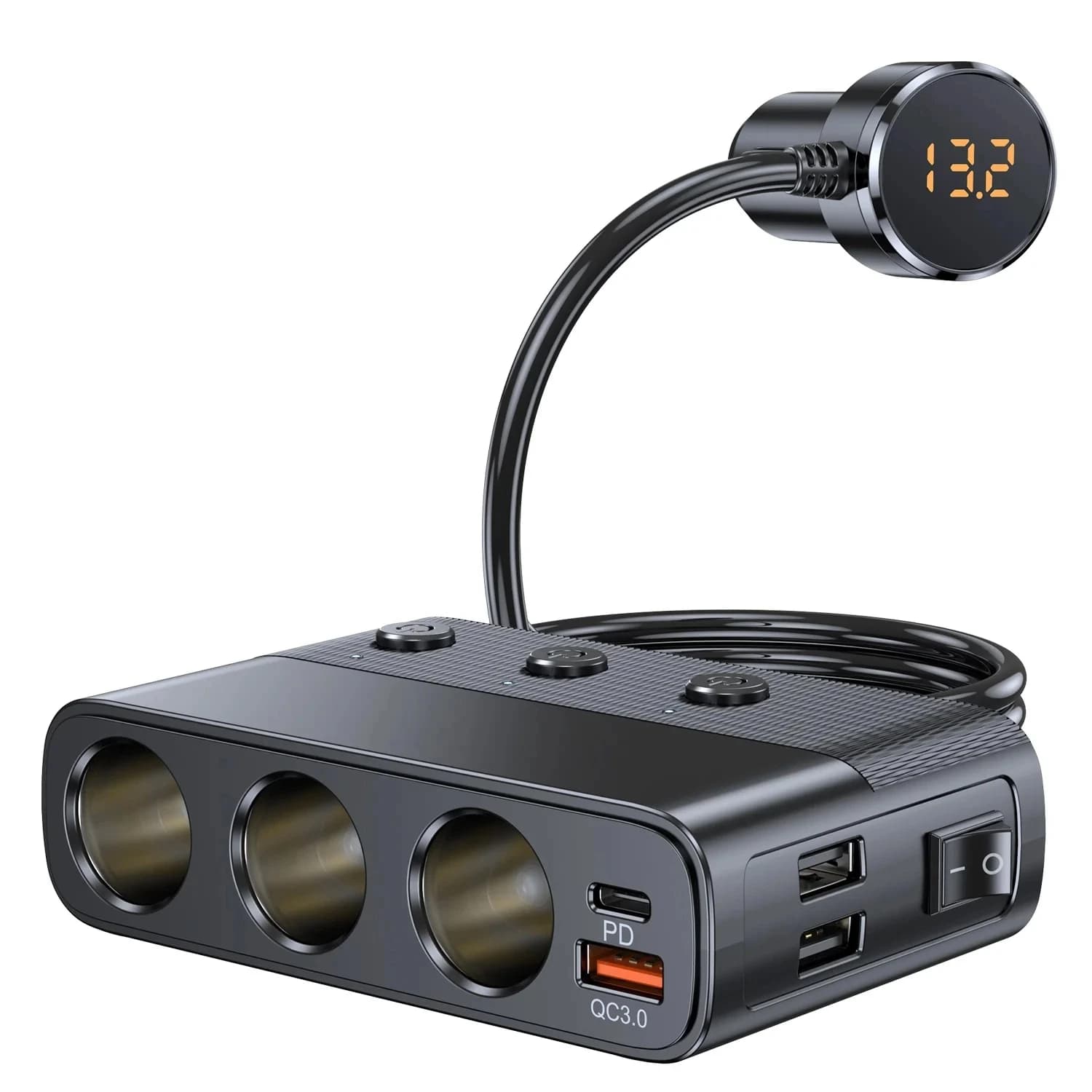 Splitter per caricabatteria da auto 7 in 1 da 127 W PD30W QC3.0 Adattatore per accendisigari Splitter per presa accendisigari per auto con interruttore