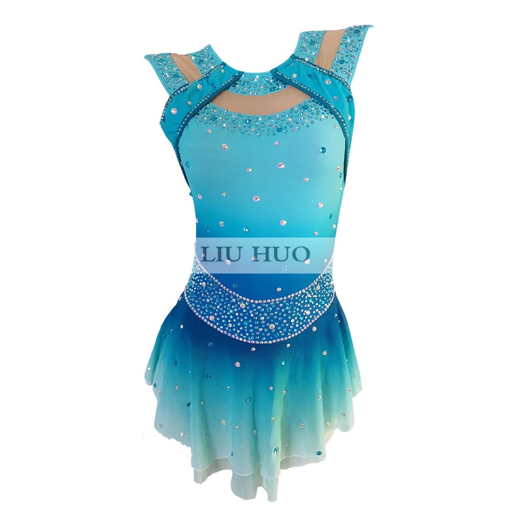 LIUHUO Abito da pattinaggio di figura per danza sul ghiaccio Donna Ragazza adulta Adolescenti Personalizza Body da competizione per prestazioni in costume Blu senza maniche