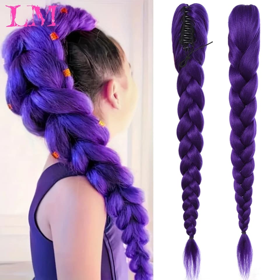 Extension per capelli sintetici lunghi viola intrecciati LM da 26 pollici per bambini, con clip, per cosplay, Halloween, Natale, feste