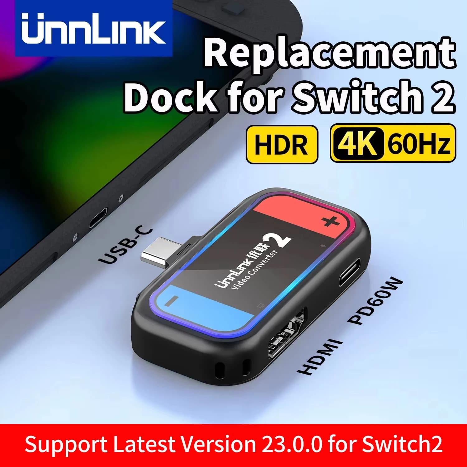 Docking station portatile Unnlink per Nintendo Switch 2, mini dock da viaggio con uscita HDMI 4K e ricarica PD per NS2 a TV/monitor