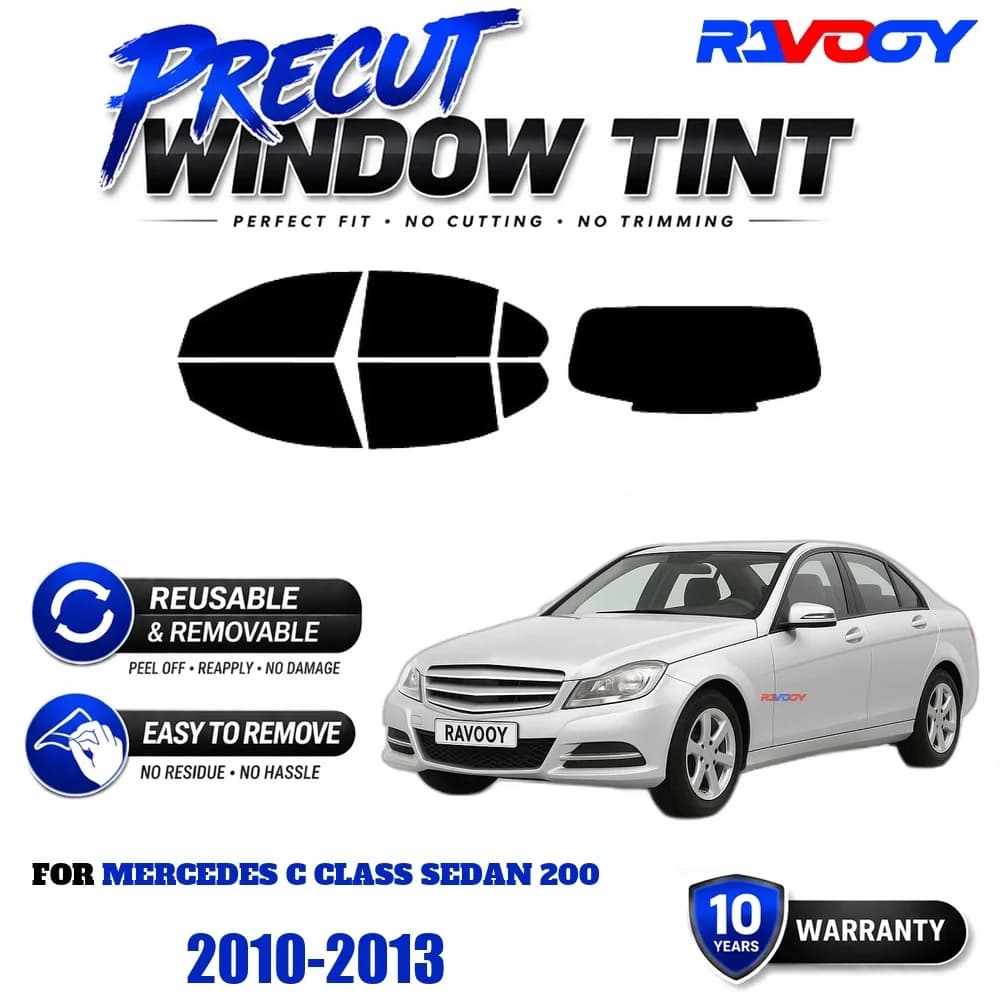 RAVOOY Precut Window Tint, Reusable Removable EPU Film, Custom Fit for Mercedes C Class Sedan 200 2010-2013, UV Heat Protection