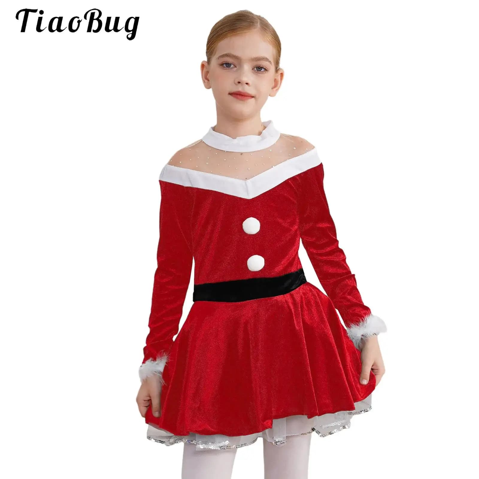 Ragazze Natale Figura Pattinaggio su ghiaccio Abito da ballo Velluto Manica lunga Body Tutu Balletto Dancewear Miss Babbo Natale Costume cosplay