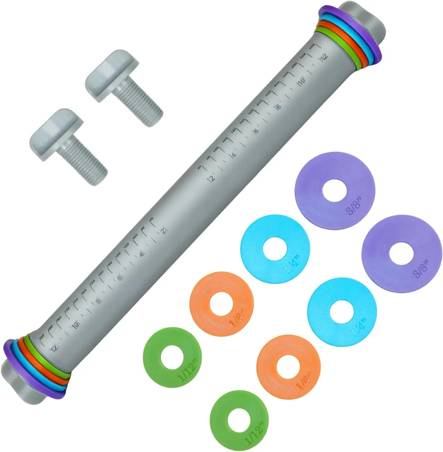 12.8-Inch Adjustable Rolling Pin with 4 Thickness Rings, Food-Grade Silicone Non-Stick Dough Roller for Baking Cookies, Pizza