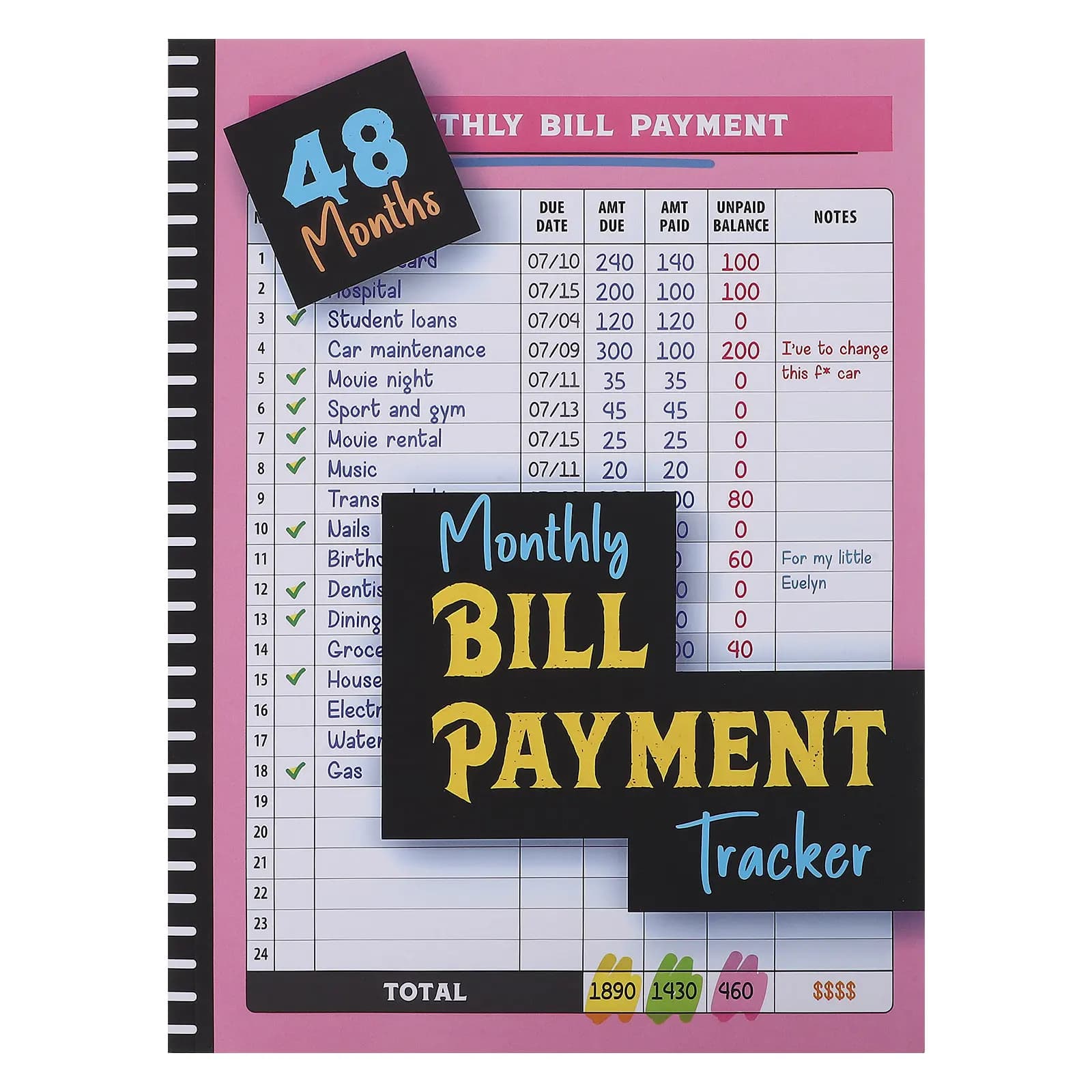 Quaderno per il monitoraggio dei pagamenti mensili, agenda per 48 mesi, organizer per la finanza personale rosa, elenco controllo del budget mensile per la casa