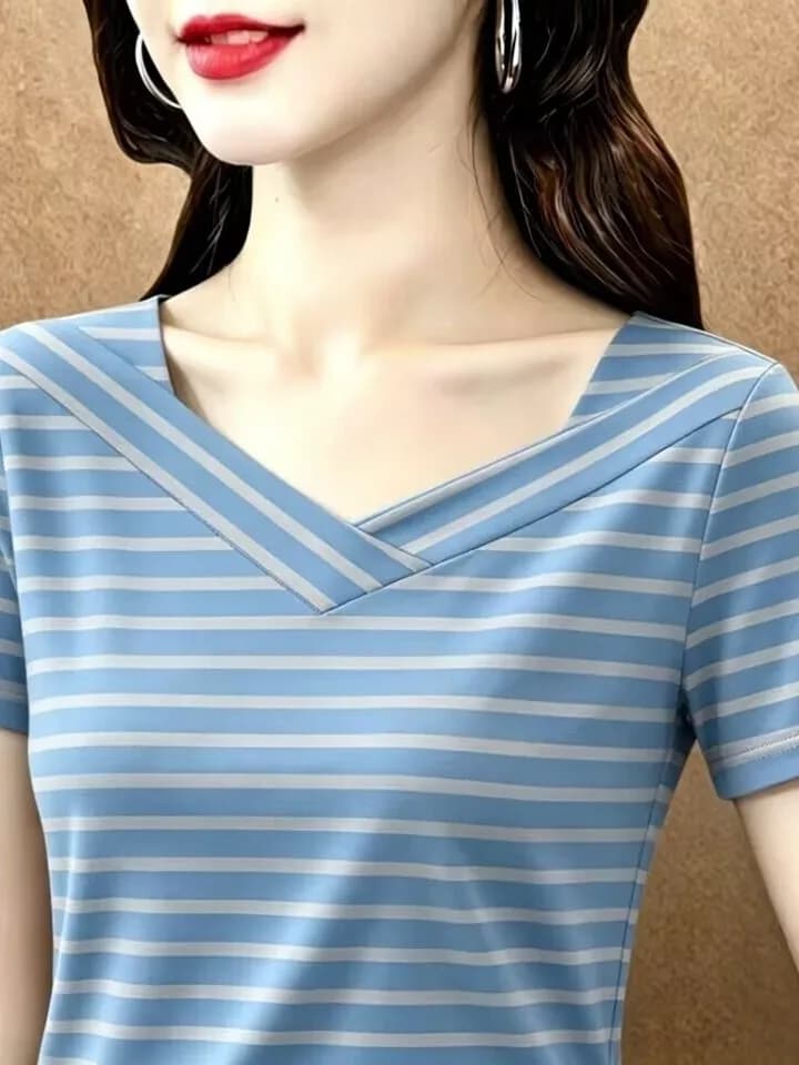 Fashionable Striped Print Women's T-shirt V-neck Short Sleeve Slimming Versatile Base Shirt Casual Style Universal Fit Loose ...