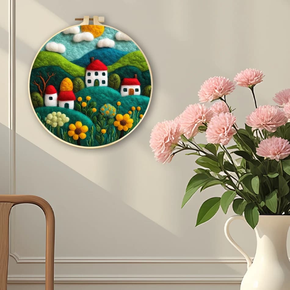 Kit per Pittura su Feltro di Lana SDOYUNO, Paesaggio Verde, Ricamo a Punto Croce, Cornice per Ricamo, Kit per Principianti, Decorazione per la Casa