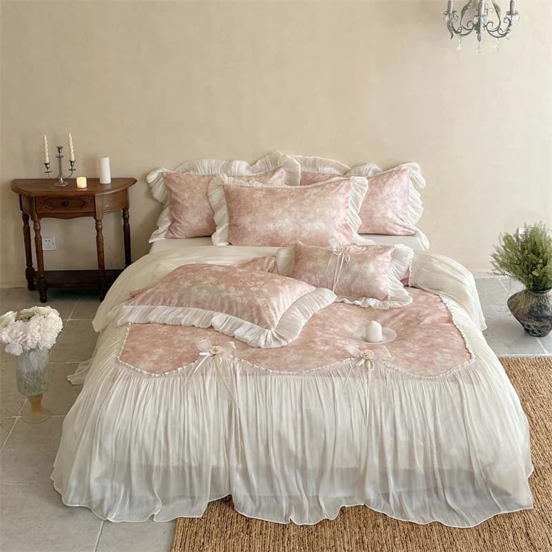 Set di Biancheria da Letto Principessa 600TC in Lyocell, Copripiumino Jacquard Floreale con Volant in Pizzo e Fiocco Rosa Fatto a Mano, Lenzuolo e Federe