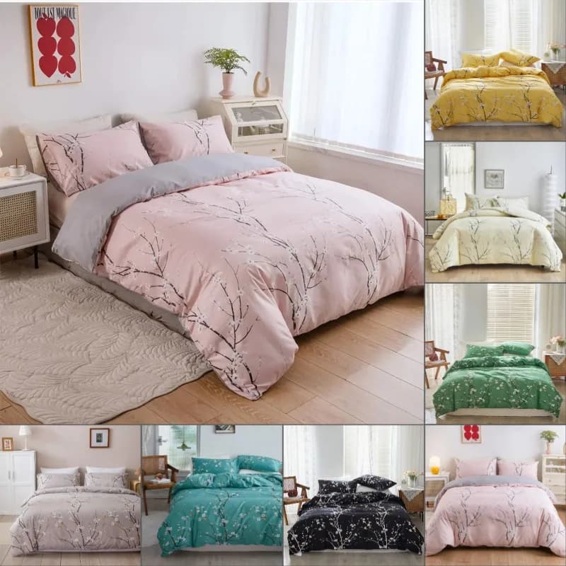 Set Copripiumino 2/3 Pezzi Misura Queen King Full, Motivo Floreale con Rami e Fiori, Set Biancheria da Letto