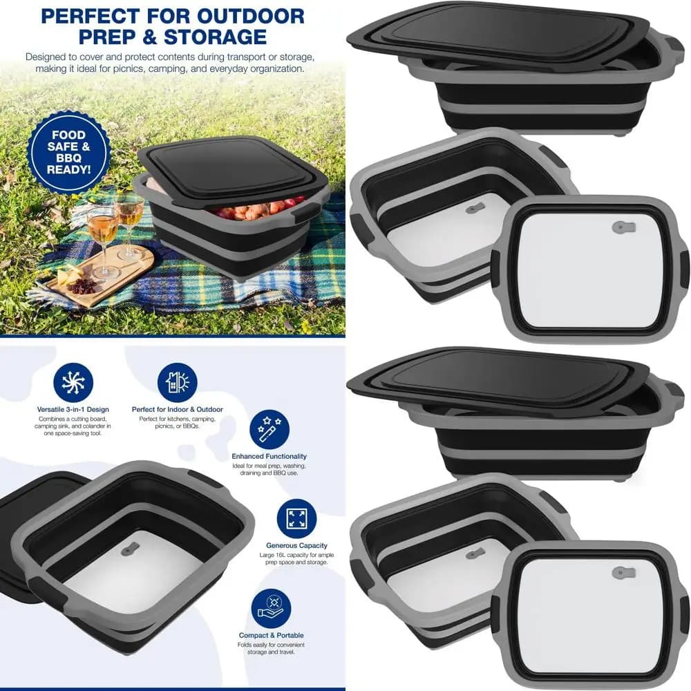 Extra large folding barbecue preparation tank with cutting board, lid and sandwich for cooking and grilling outdoors (black)