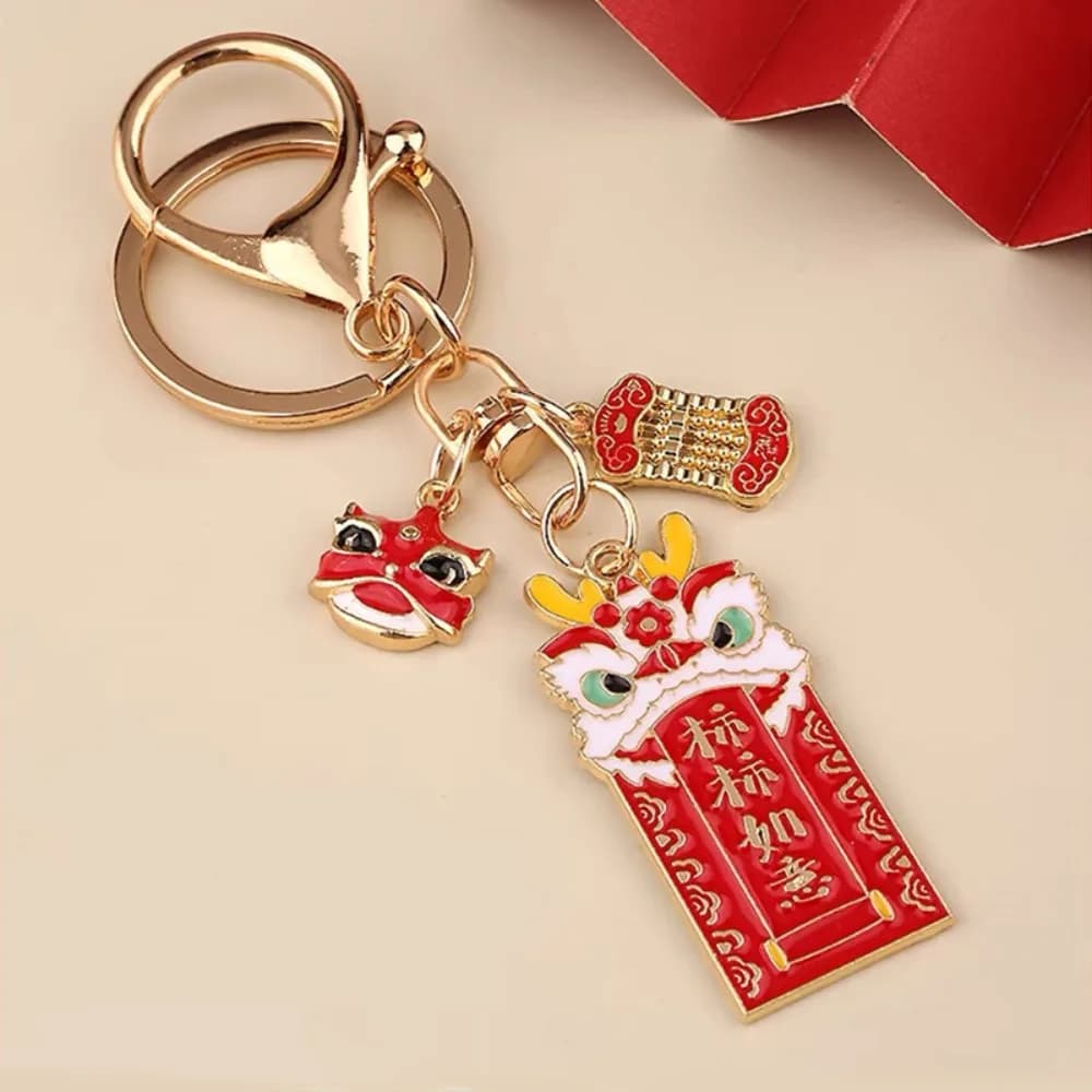 Fashion Zinc Alloy Lion Dance Keychain Wealth Blessing Key Ring Accessory Red Chinese Style Key Lucky Pendant Women/Men
