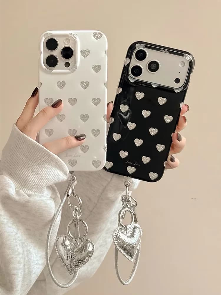 Simple Fashion Silver Diamond Pattern Love Heart Phone Case For iPhone 18 ULTRA 17 AIR 16 15 14 13 12 11 Pro MAX MINI Plus Cover