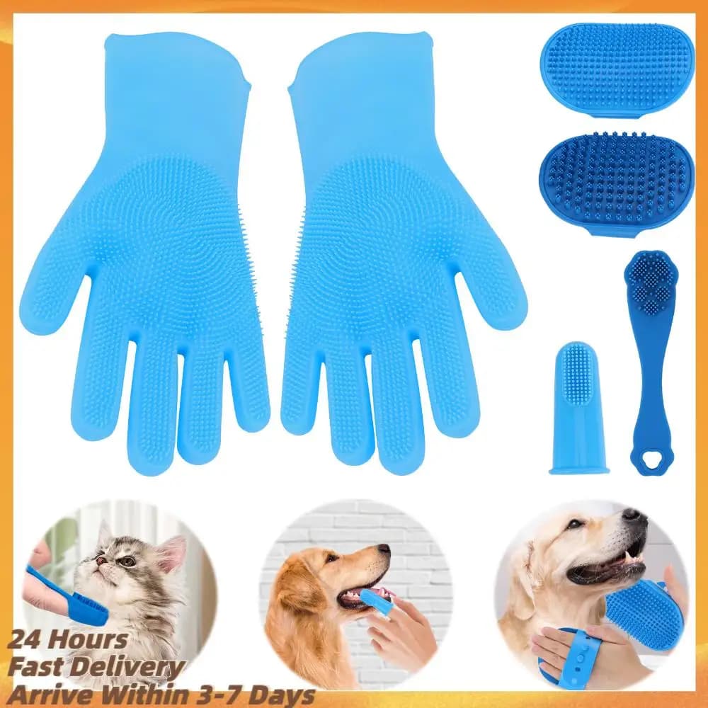 Set da 6 Pezzi per la Toelettatura degli Animali Domestici: Spazzola in Silicone per il Bagno del Cane, Spazzolino da Denti per Cani, Guanti da Bagno per Cani, Guanti per la Toelettatura di Cani e Gatti, Accessori per il Bagno di Cani e Gatti