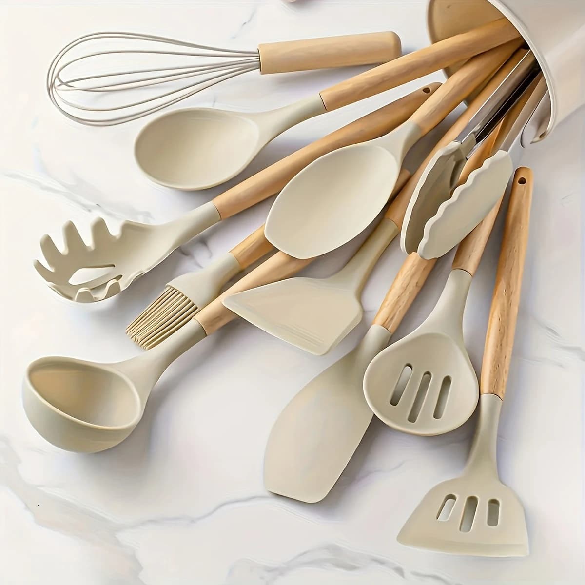 Set di utensili da cucina in silicone antiaderente da 12 pezzi con manici in legno - Sicuro e facile da pulire - Perfetto per cucinare e fare dolci