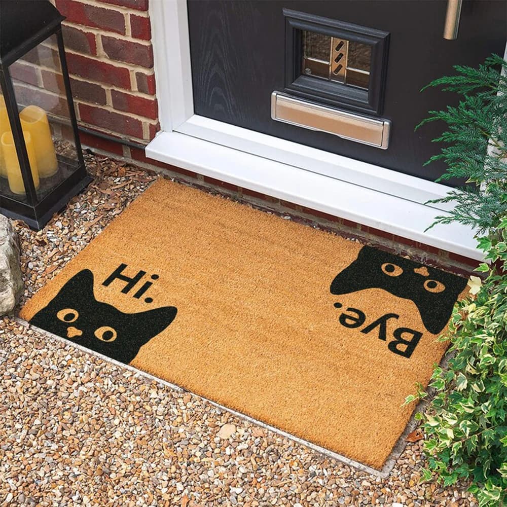 Hi Bye Cute Cat Doormat Personalized Coconut Welcome Mat Custom Your Text Unique Mat Cat Lover Gift Easy Clean Absorbent Rug