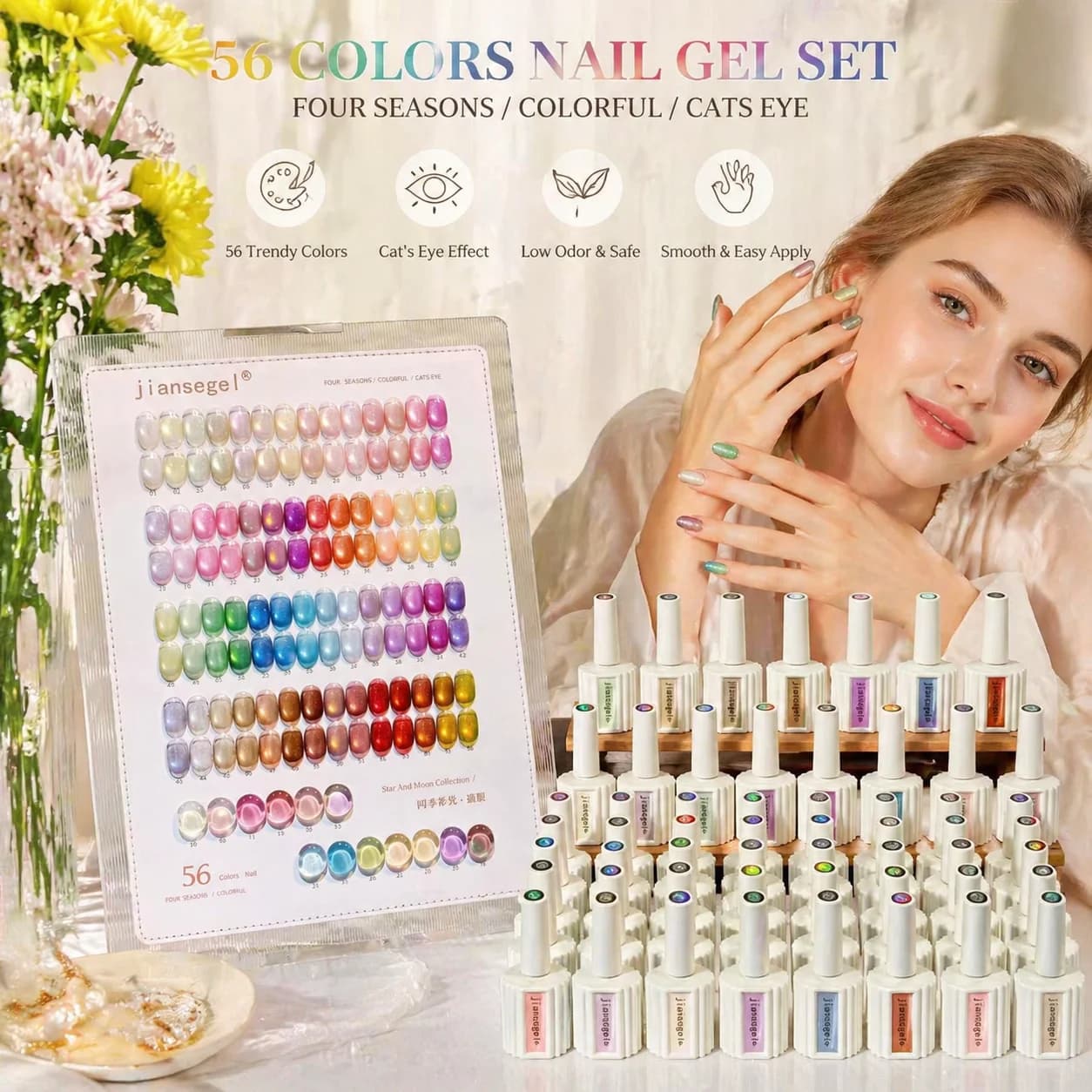 56-color Crystal Cat Eye Gel Nail Polish, Semi-Permanent, Glittering, Magnetic, UV LED, Removable Gel Nail Polish, Color Chart I
