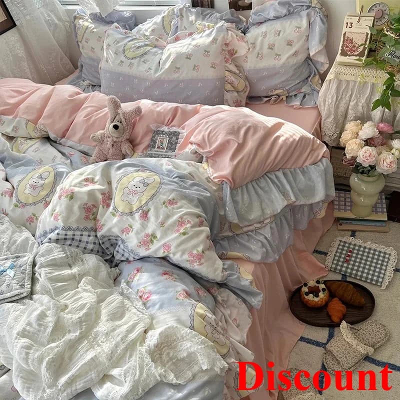 Set di biancheria da letto con volant floreali in stile principessa coreana, set copripiumino morbido e delicato sulla pelle, lenzuolo o copriletto, federe